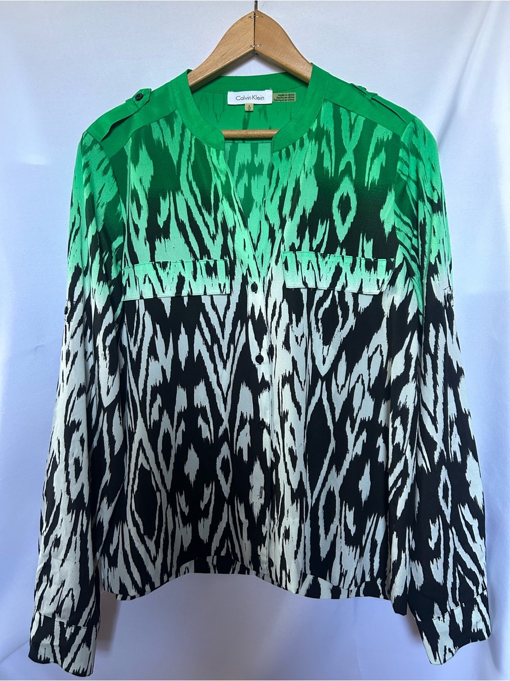 Calvin Klein Green and Black Ombre Ikat Button-Down Shirt